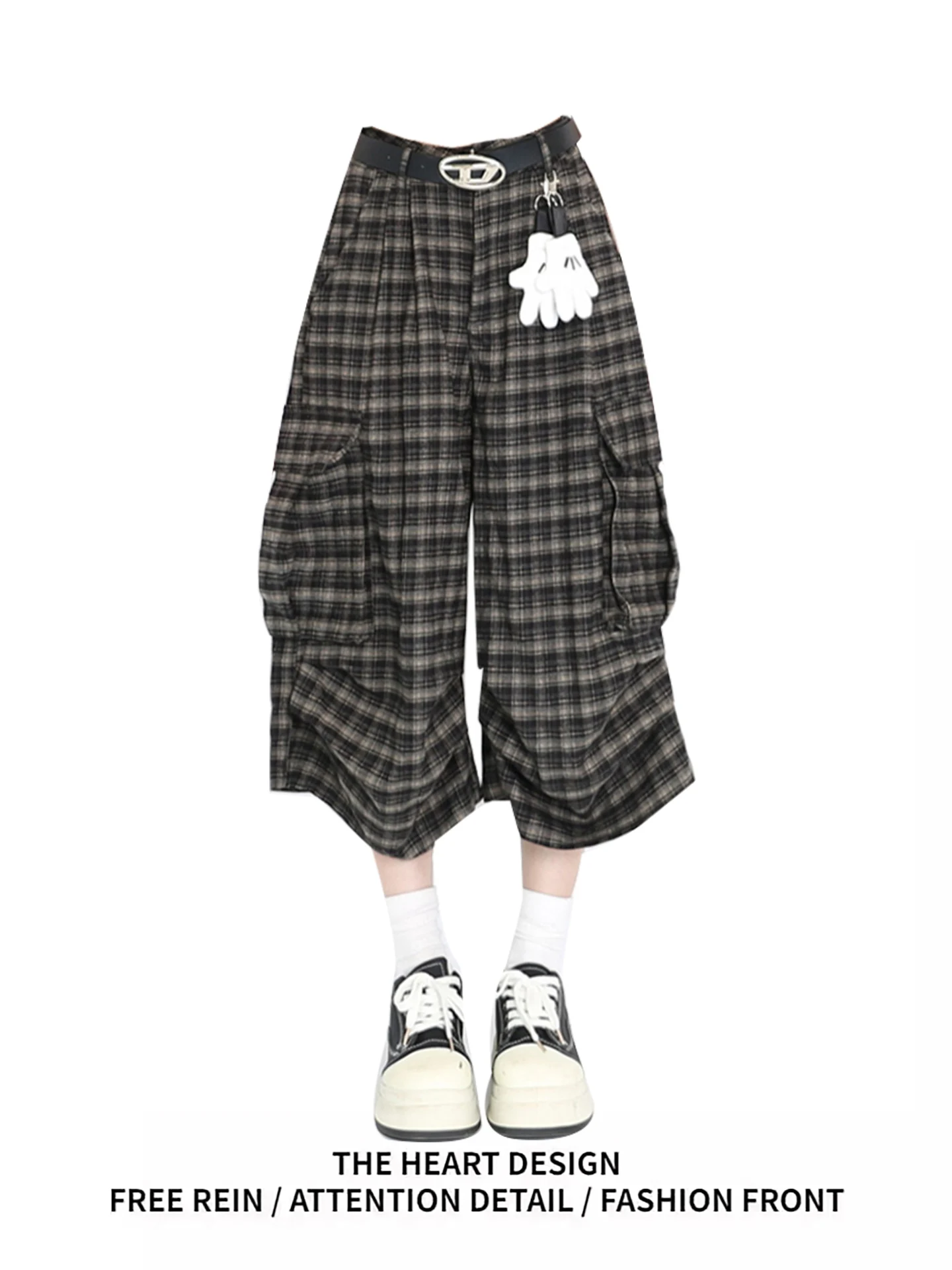 

Loose Comfortable American Retro Plaid Wide Leg ort Pants Women's High Waist Seven-Foot Jeans Multi-ket Summer Design