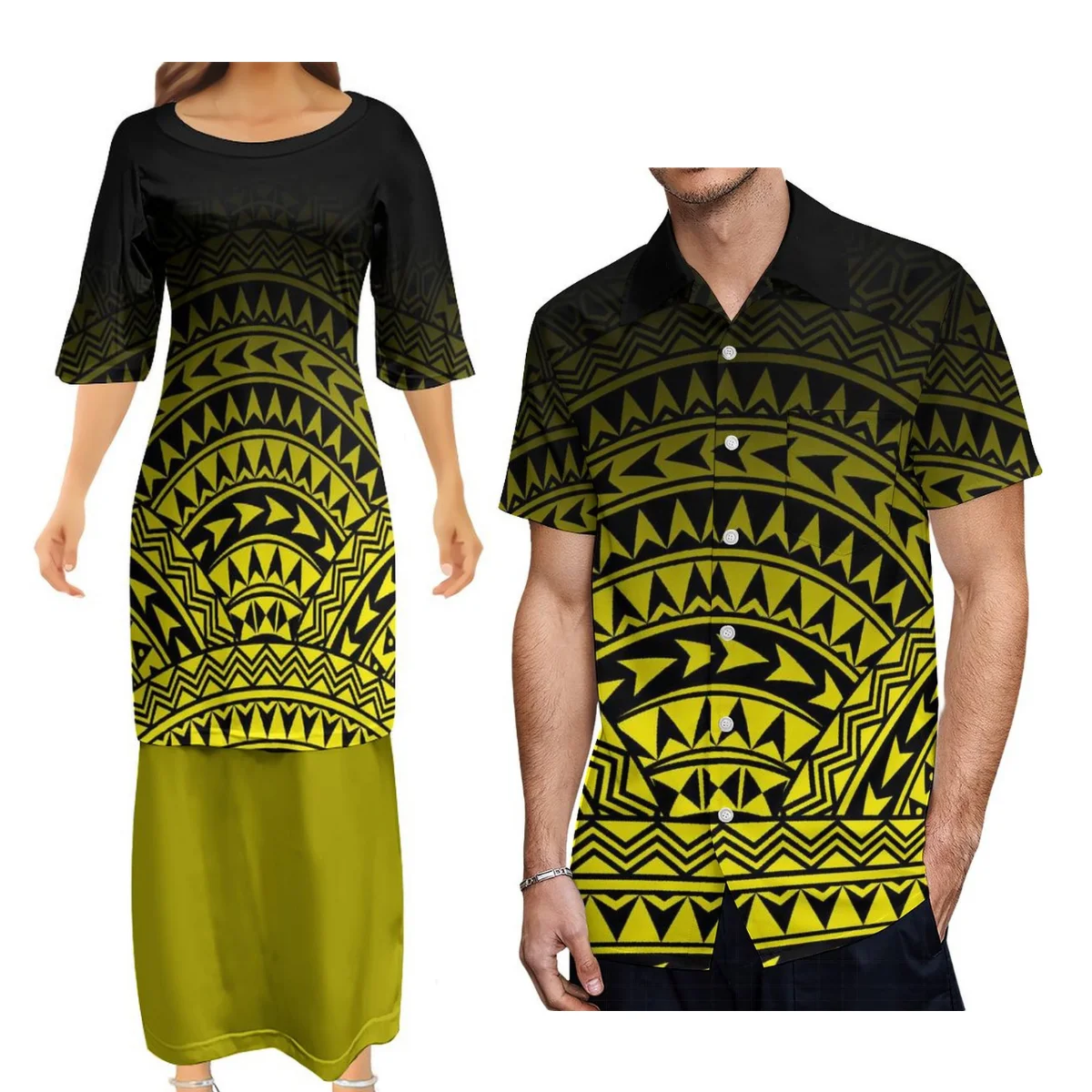 

Custom Women'S Half-Sleeved Dress Puletasi Traditional Dress And Men'S Short-Sleeved Shirt Polynesian Paired With Couple Suits