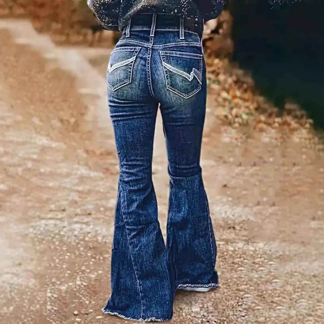 Embroidered Jeans Mid Waist Flared Jeans Women Button Casual Straight Leg Pants Summer Pocket Hole Female Office Lady Slim Pants