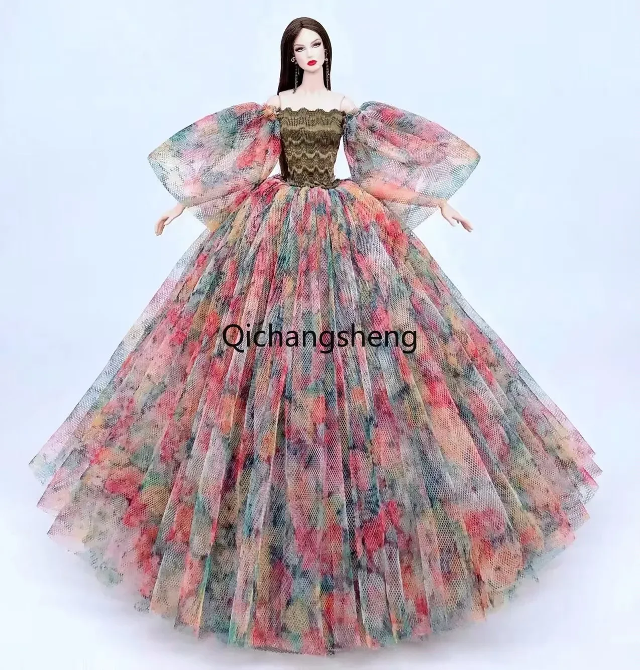 Khaki Floral Puff Sleeve Wedding Dress For Barbie Doll Clothes For Barbie Princess Gown 1/6 Accessories Outfits Clothing 11.5