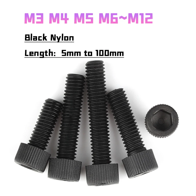 Black Nylon Hexagon Hex Socket Head Screw M3 M4 M5 M6 M8 M10 M12 Cup Head Knurled Plastic Bolt for insulation Length 4mm~100mm