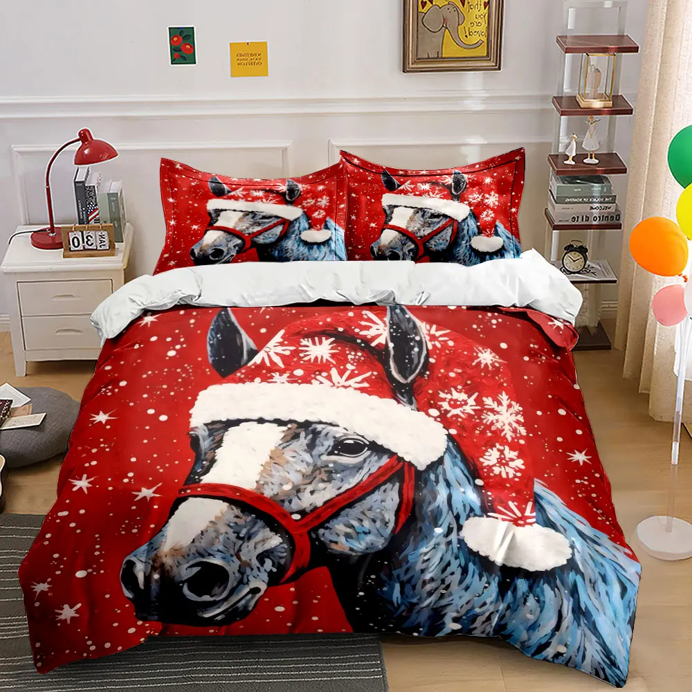 Elegant horse in a Christmas hat with a snowy red backdrop Print Duvet Cover Bedding Set Included 1*Duvet Cover 2*Pillowcases