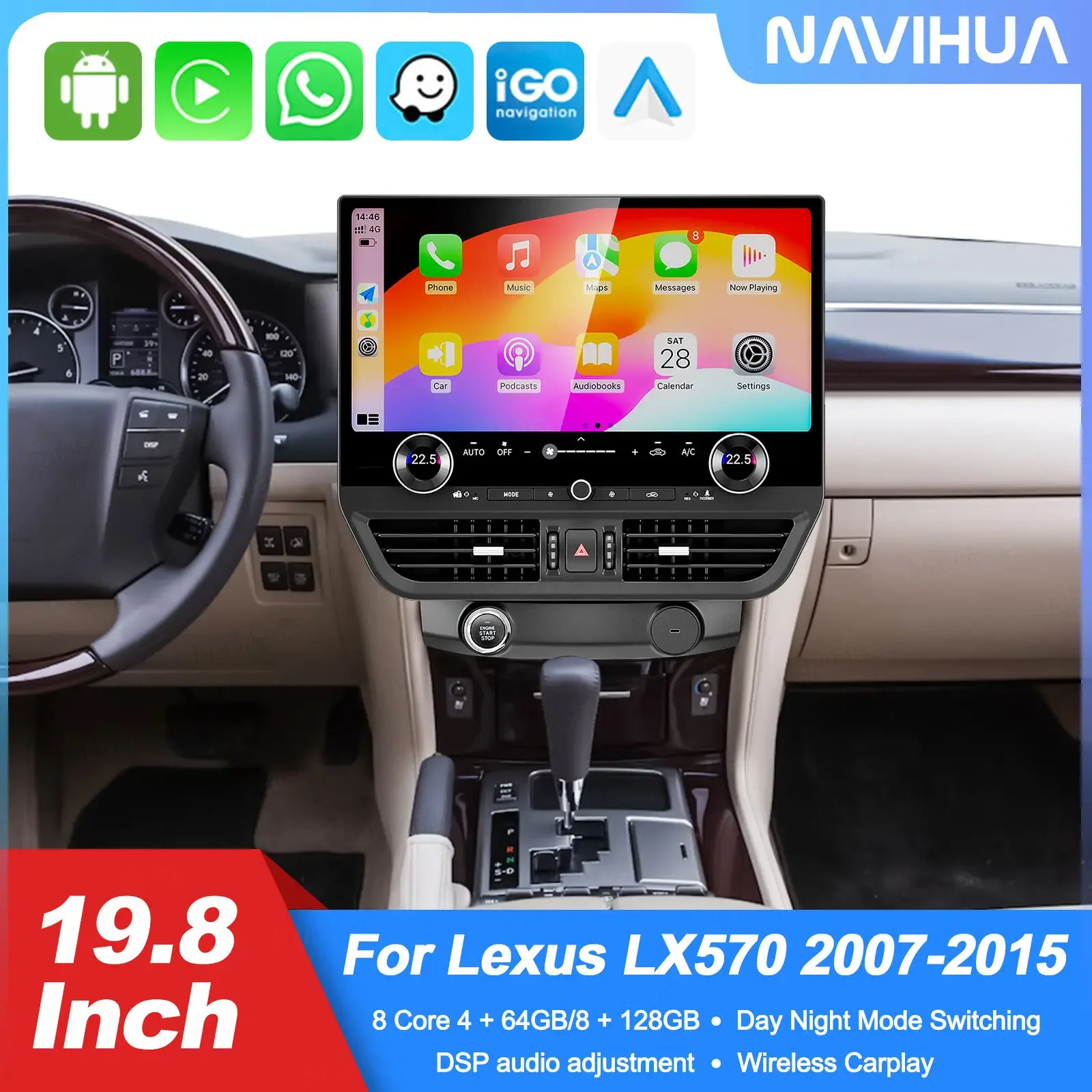 

NaviHua 19.8 Inch Large Screen for Lexus LX570 2007 2015 Multimedia Android Car Radio Auto Headunit Monitor Carplay Navigation