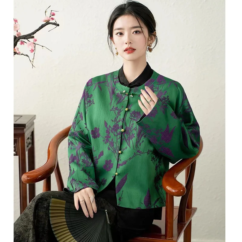 

Spring and Autumn New O-Neck Green+Purple Jacquard Bamboo Knot Hanging Button Coat for Women S-XL