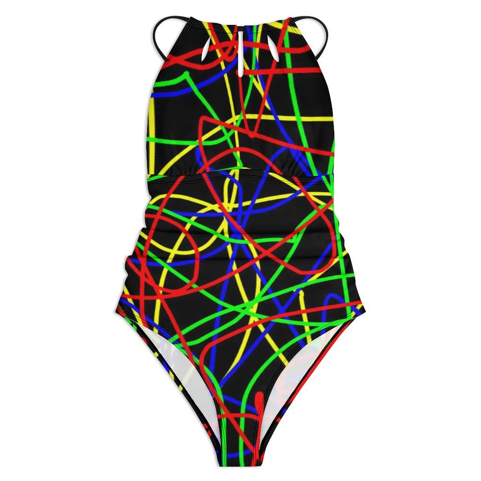 Vintage 80S Aesthetic Swimsuit Crazy Squiggles Push Up Swimwear One Piece Sport Bathing Suit Swimsuits Sexy Design Beach Wear
