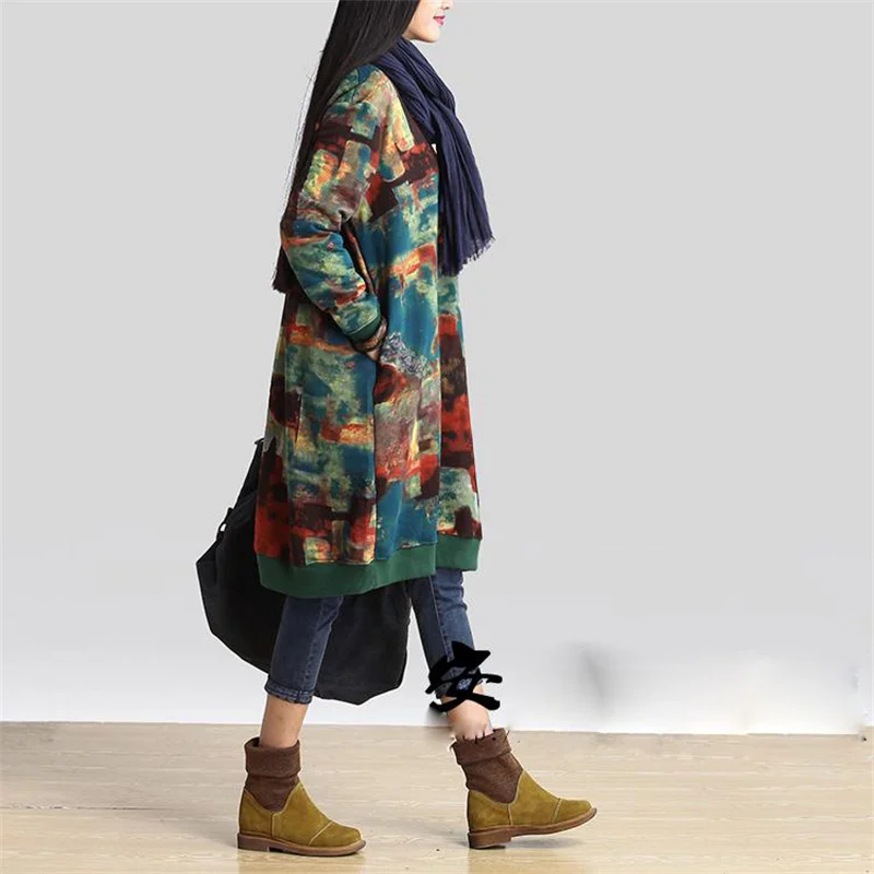 

Winter Vintage Long Sleeve Velvet Thick Sweatshirt Dresses Women Casual Loose Oversize Dress Female Print Hoodies Dress Vestidos