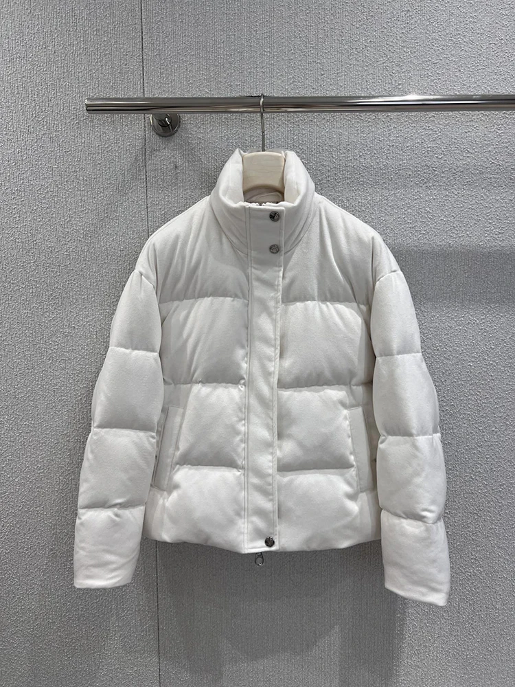 SVORYXIU 2025冬新作 カジュアルスタイル カシミヤとグースダウンのファッケッツ レディース ホワイト 厚手 ダウンジャケット