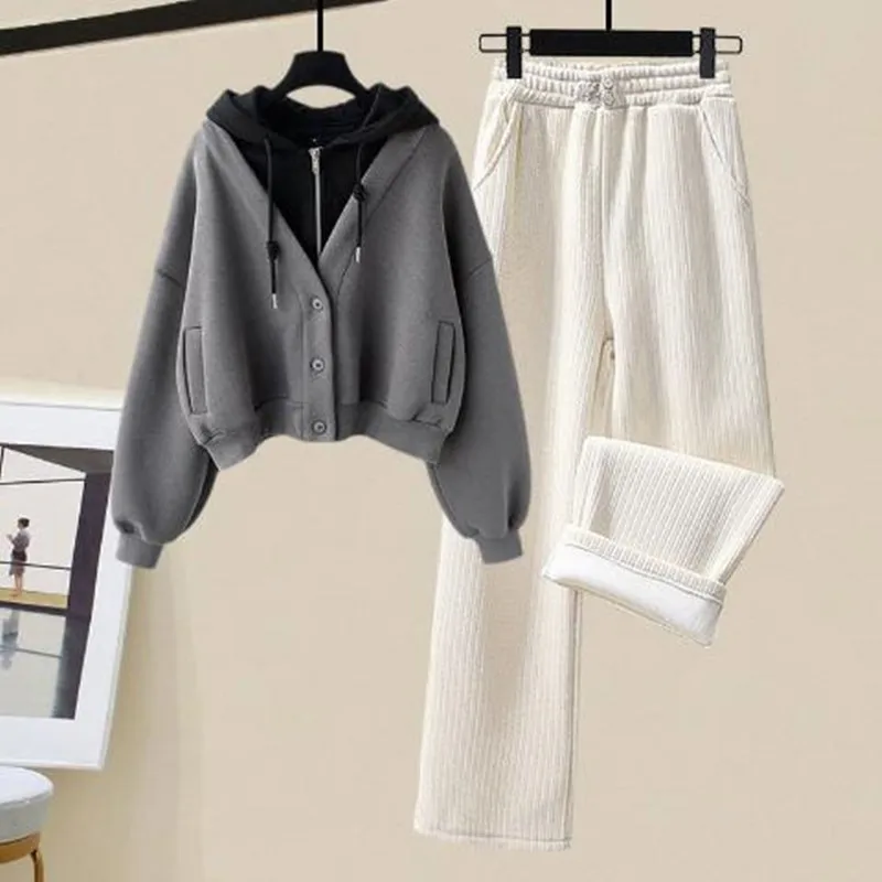 Autumn and winter Korean version new fake two-piece hooded top+casual sports wide leg pants two-piece set