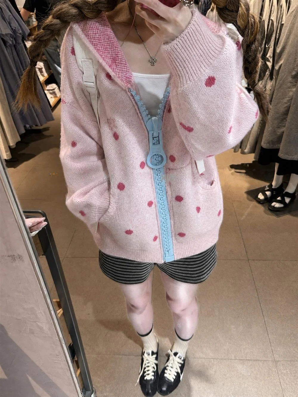 Loose Korean Polka Dot Color Block Knitted Cardigan Women's Autumn New Style Lazy Sweater Coat Long Sleeve Zipper Hoodie