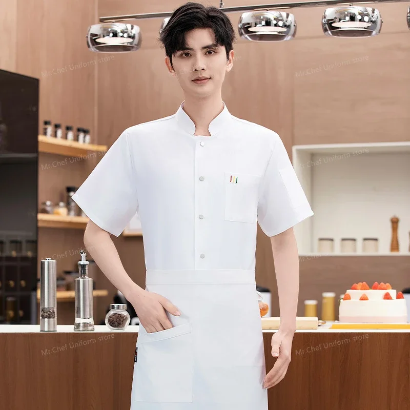 Schwarze Kurzarm Kochjacke Herren Küchenkochmantel Atmungsaktive Mesh Kochuniform mit Schürze Restaurant Arbeitskleidung individuell