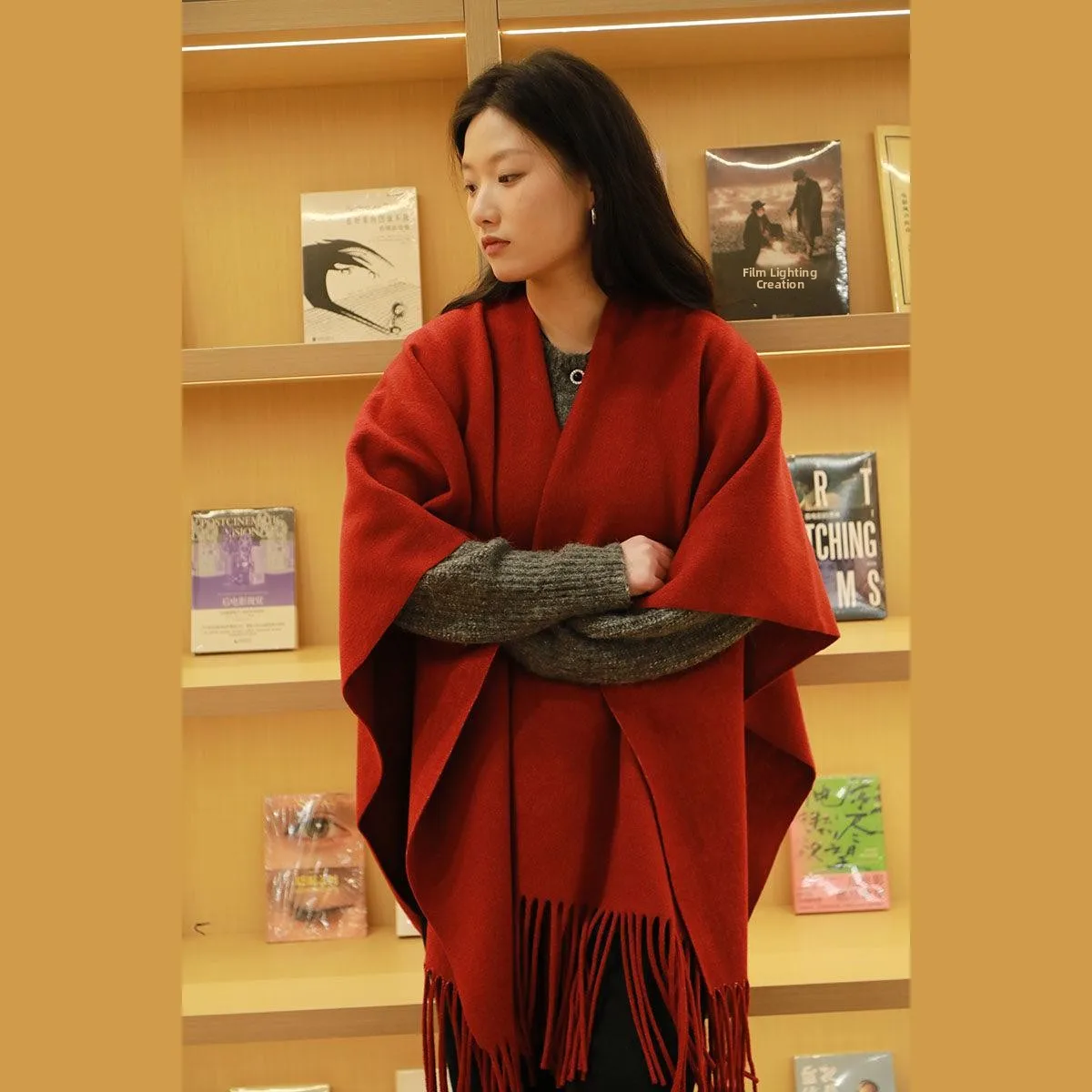 New Women's Woolen Shawl  Red Wedding Outfit Warmth Artificial Cashmere Outerwear Chinese Style Fashionable Scarf