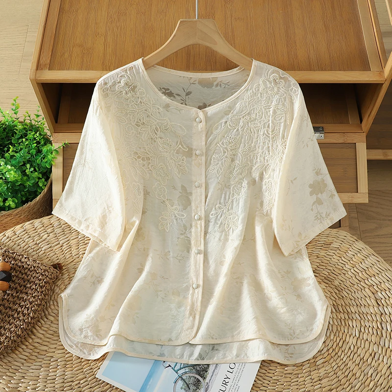 

New Chinese Style Women's plus Size Shirt Spring Summer New Arrival Embroidered Cotton Linen Jacket Breathable Comfortable ...