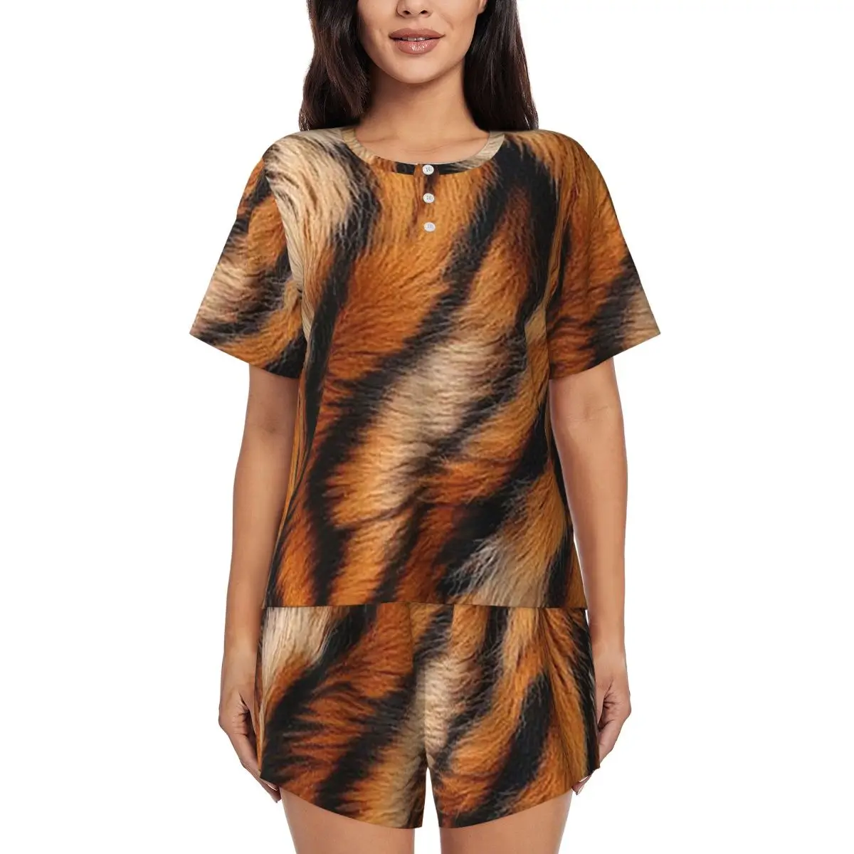 

Ночная рубашка с круглым вырезом и короткими рукавами с принтом тигровой кожи, женский свободный пижамный комплект с короткими штанами