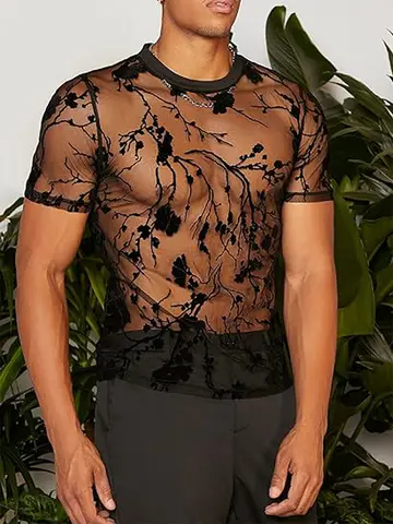 Summer Men's Clothing Mesh Lace Knit T-shirt Streetwear Hollow-Out O Neck Sweater Short Sleeve Tees Rose Printed Luxury Knitwear