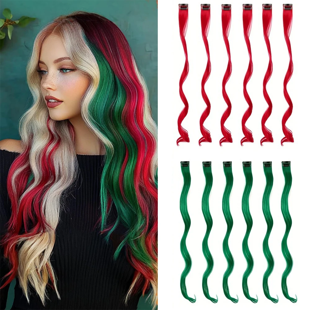 

Женские 20-дюймовые длинные вьющиеся волосы на клипсе из 12 предметов — термостойкие синтетические волокна, красный и зеленый, простота нанесения