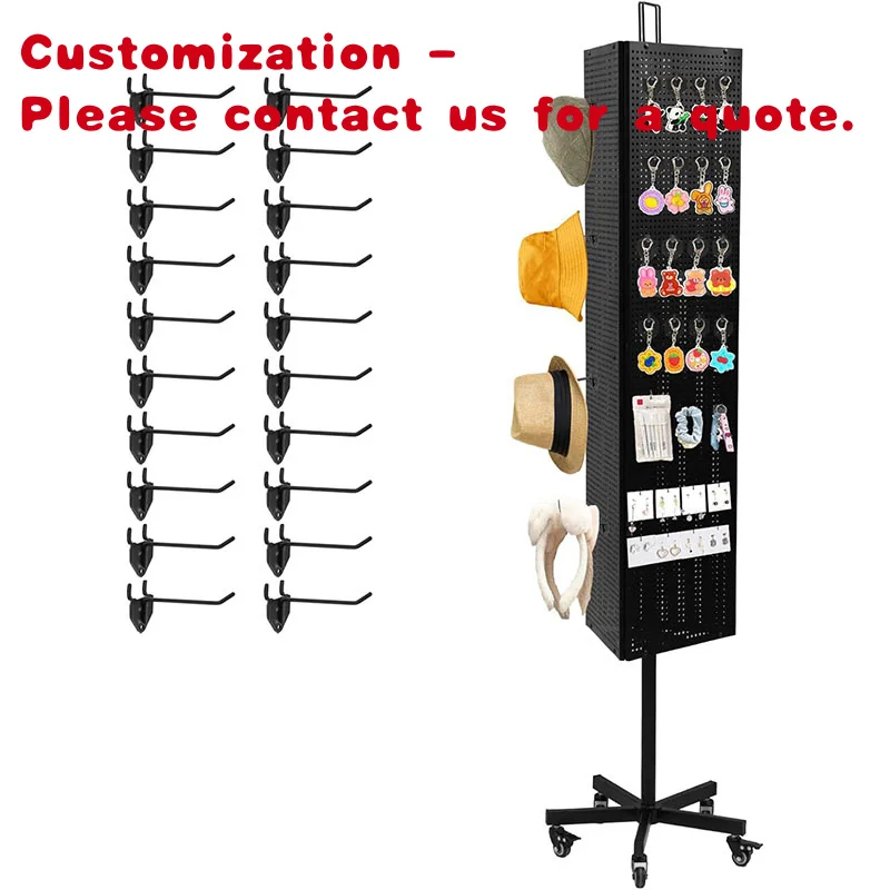 custom.Mingtang 3 Sides Metal Pegboard Floor Standing 360 Degree Rotating Jewelry Display Stand with Rotating Casters