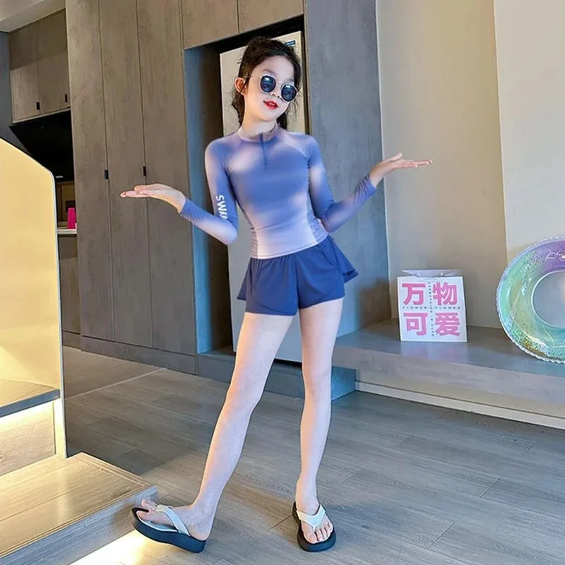 Children's and Girls' Two-Piece Fashionable Tie Dye Sunscreen Long Sleeved Quick Drying Pants Skirt Girls' Summer Beach Swimsuit