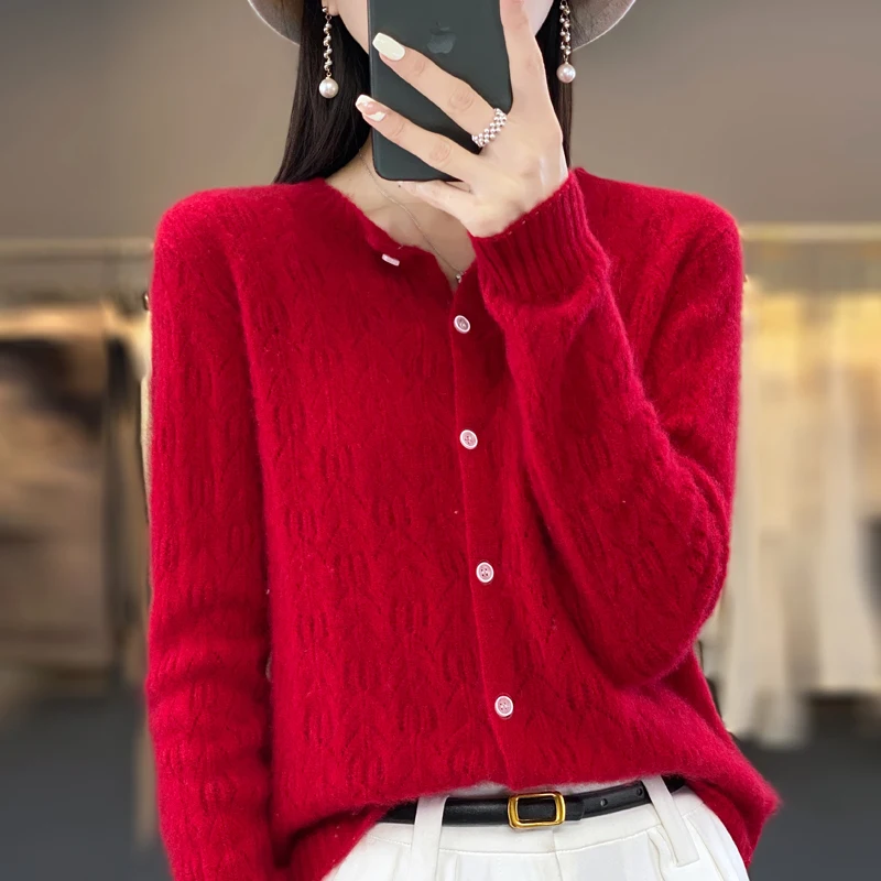 Spring and summer new 100% pure wool cardigan female leaves hollow knitting thin cardigan sweater fashion top