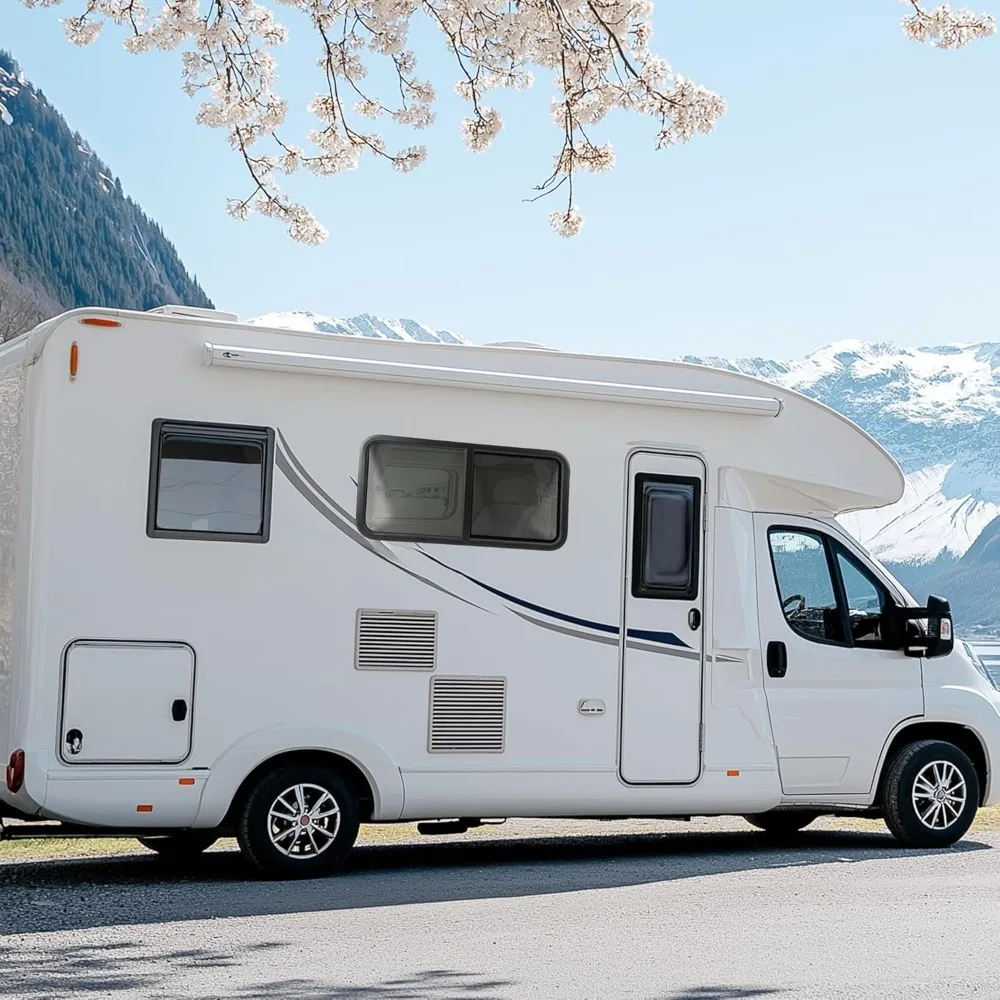 نافذة RV من الزجاج المقوى المنزلق الأفقي مع حواف مطلية بالمسحوق الأسود وشاشة شبكية، مجموعة من 2