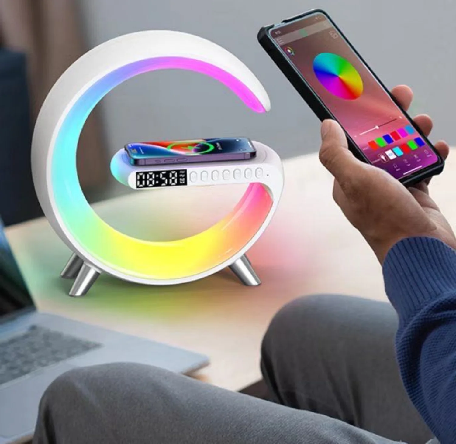 Luminária de Cabeceira Multifuncional Três em Um com Carregamento Sem Fio, Caixa de Som Bluetooth, Luz Noturna RGB com Mudança de Cor, Compatível com Apple e Android, Amigável para os Olhos com Brilho Ajustável.