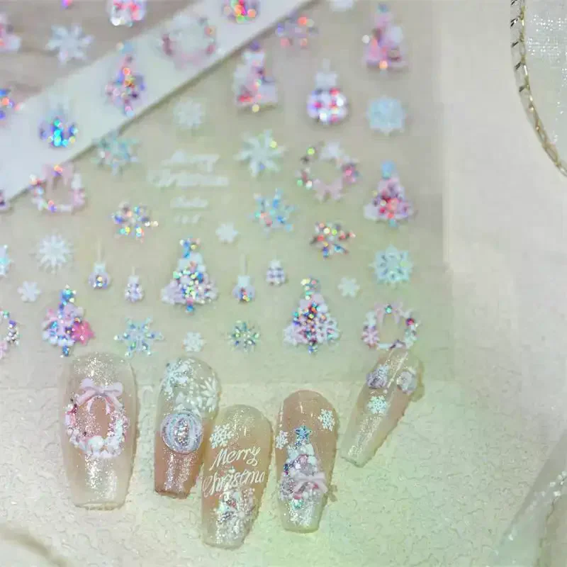 Cute Christmas Style Bow Colorful Snowflake Christmas Tree Nail Art Stickers Girly Nail Art Print Stickers Women Nail Decor Gift
