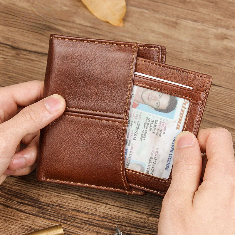 Genuine Leather Men Wallet Card Holder Casual Short Wallets Slim Bifold Business Zipper Coin Purse Male High Quality Money Bag