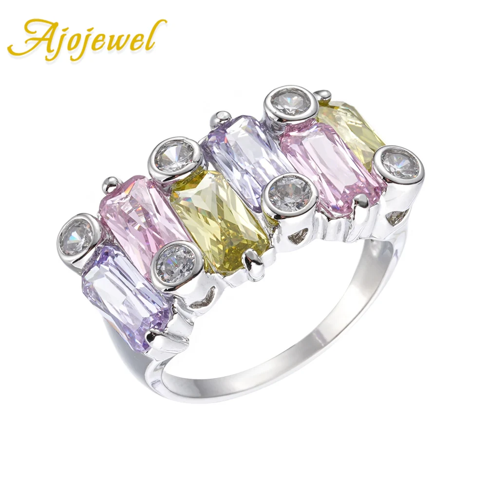 Ajojewel Super Bling Colorful Zircon Rings For Women Girls Geometric Stone Finger Jewelry Mix Wholesale