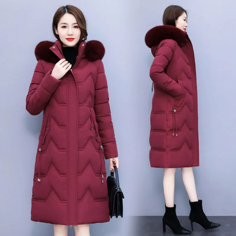 2023 New Women Down Cotton Coat Winter Jacket Female Thicken Below The Knees Pure Color Parkas Loose Outwear Fur Collar Overcoat