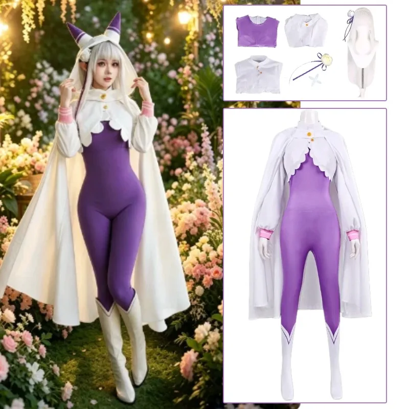 

Emilia Jumpsuit Uniform Women Anime Cosplay Costume Wig Headwear Purple Bodysuit Hooded Cloak for Halloween Party Cos Outfit
