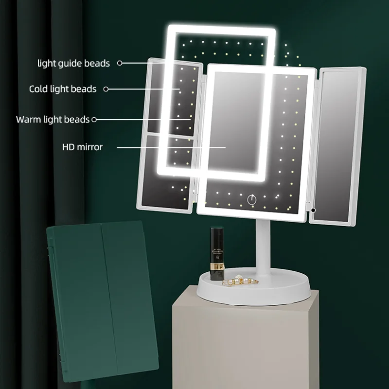 กระจกแต่งหน้าพับได้พร้อมไฟ LED 3โทนไฟตั้งโต๊ะกระจกเงาโต๊ะเครื่องแป้ง2X/3X ขยาย360 ° กระจกชาร์จได้