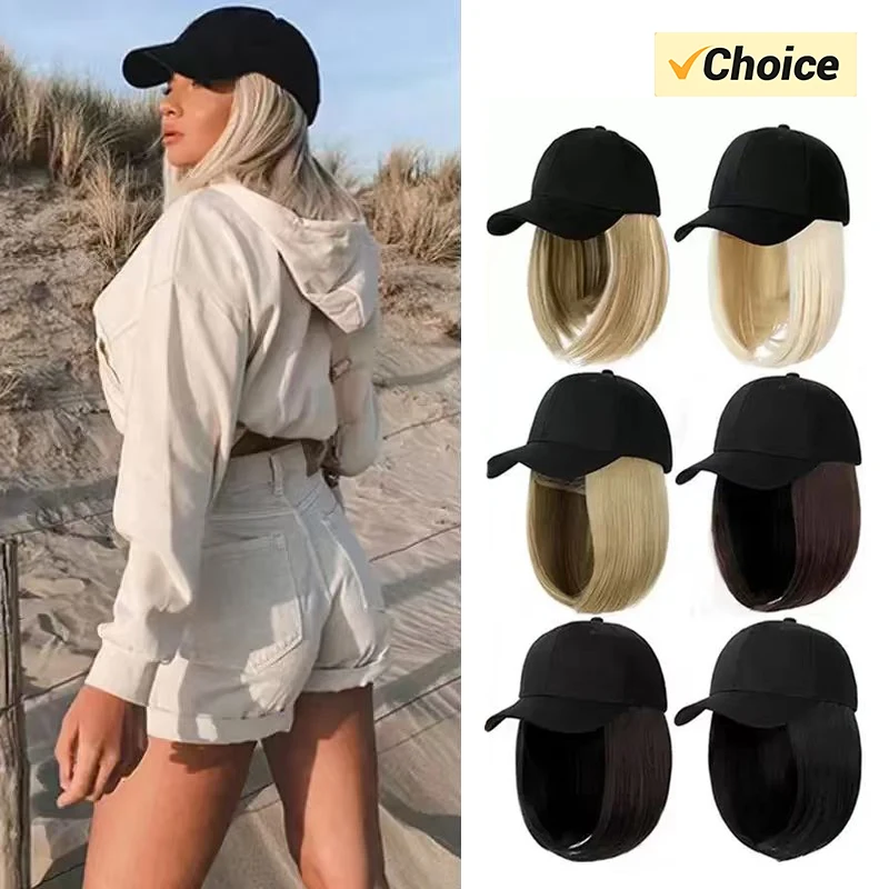 Baseball Cap With Wigs 12 Inch Short Straight Bob  Adjustable Hat Wgs Glueless synthetic Wig Cap With Extensions