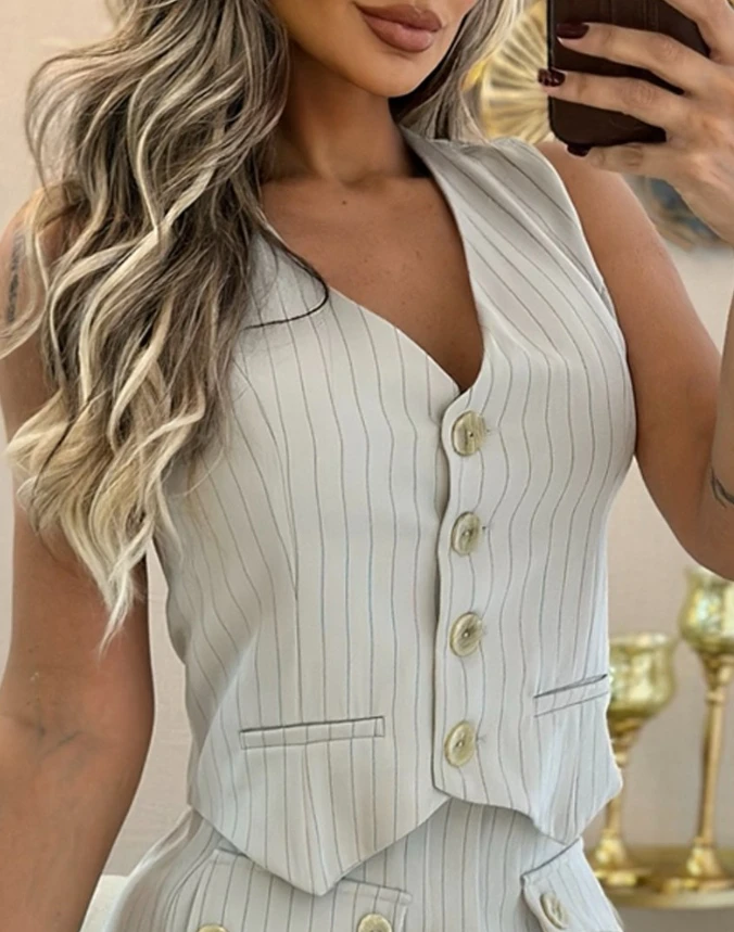 Leisure Women's 2024 Summer Fashion Vertical Stripe Short Single Breasted Vest Jacket and Short Skirt Set Casual Temperament Set