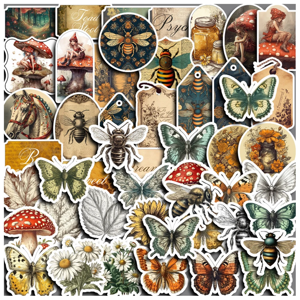 10/30/50PCS Forest Plant Butterfly Bee Decoration Stickers Aesthetic Vintage Decals DIY Laptop Phone Stationery Retro Sticker