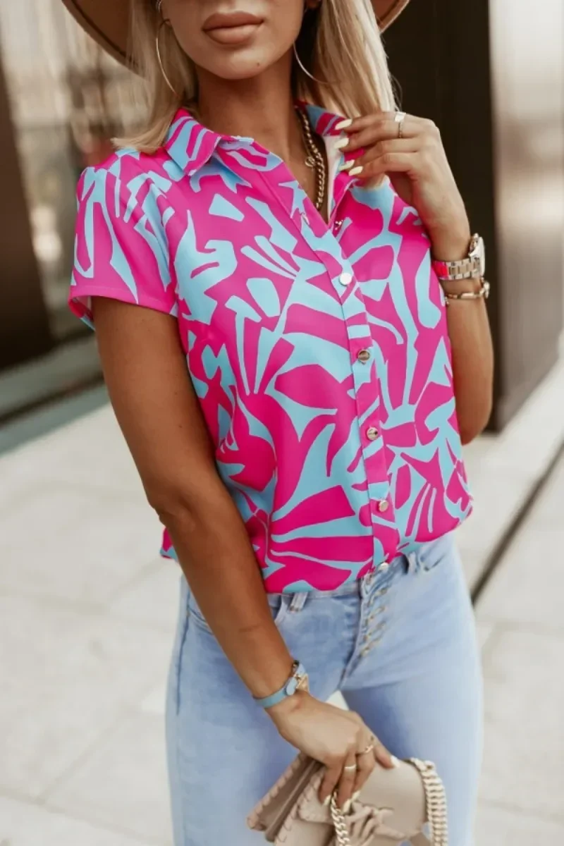 Women\'s Lapel Short Sleeved Shirt Summer Tropical Print Casual Top Fashionable Button Up Shirt