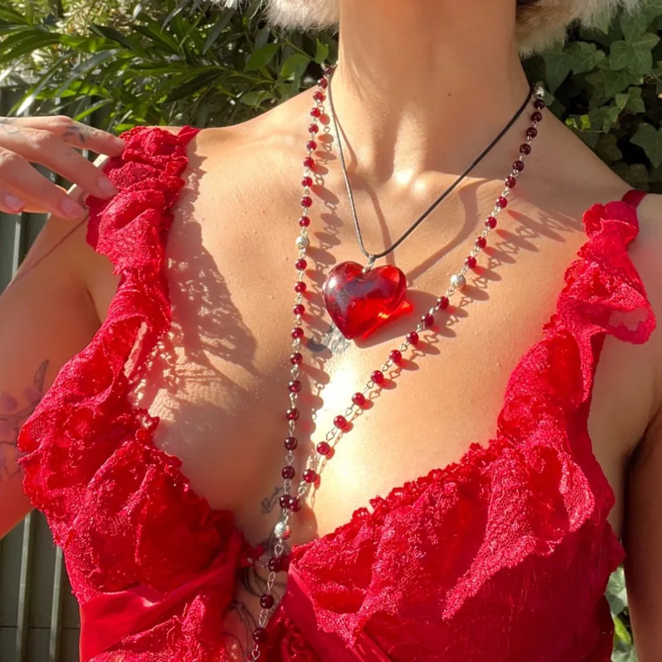 Red Heart Pendant Necklace colorful big puff heart love heart necklace romantic love inspiried gift for women girls