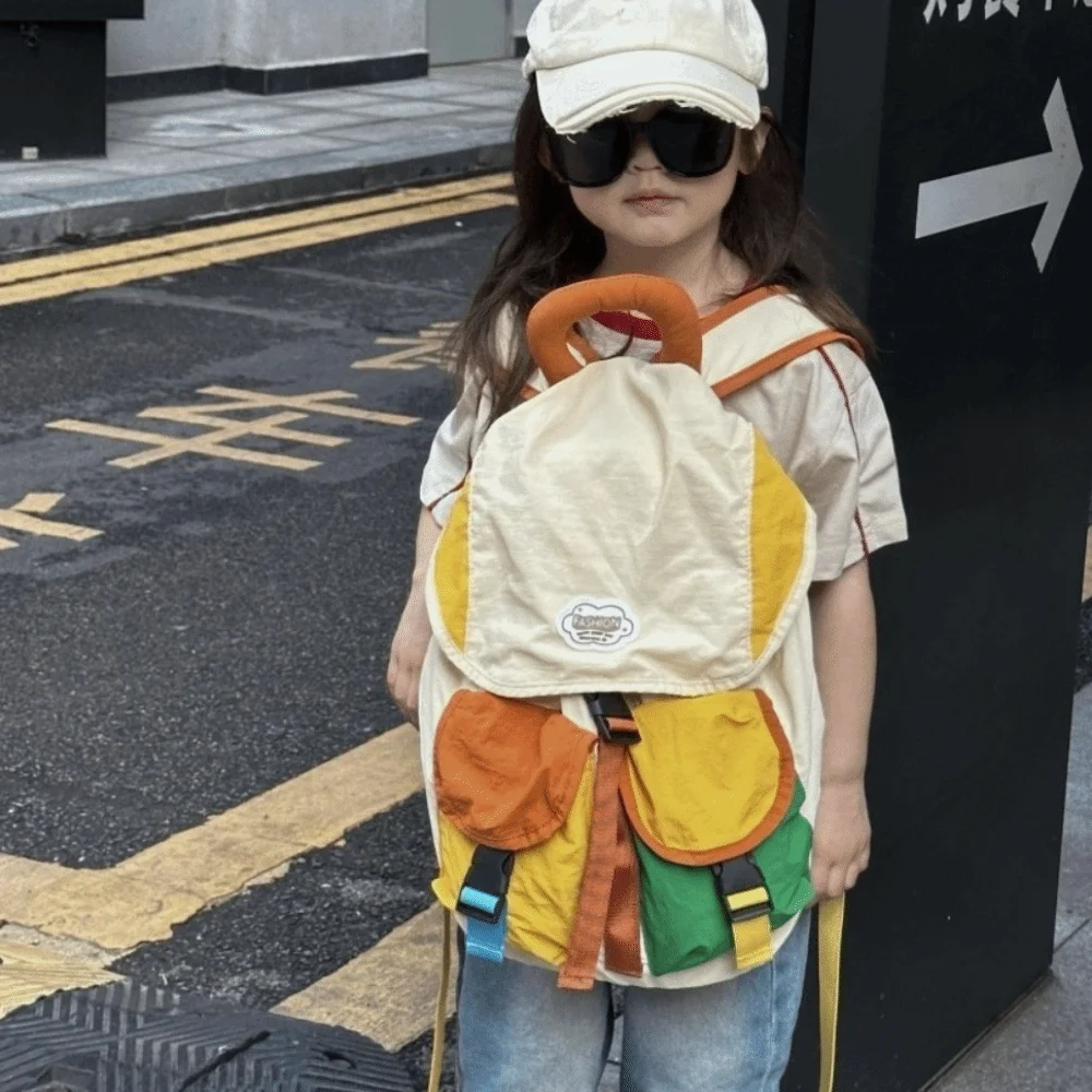 

Color Matching 2 Sizes Parent-child Bags Korean Style Multi-pocket Drawstring Schoolbag Large Capacity Nylon Kids Backpack