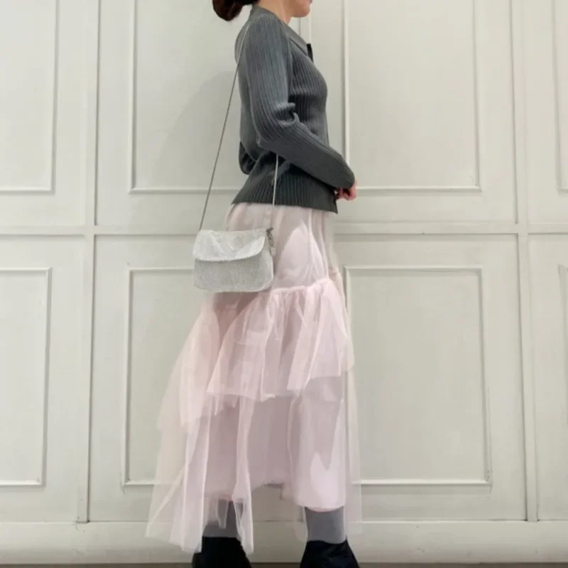 Knit 2 Piece Set Laple Neck Long Sleeve Single Breasted Sweater+ Irregular Voile Ruffles Skirt Japanese Sweet Fashion Suit