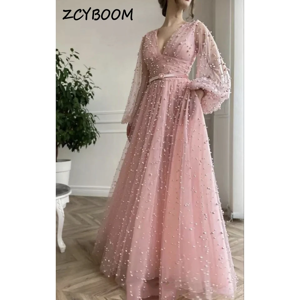 

Elegant Pink V-Neck Pearls Lantern Sleeves Evening Dress 2023 Luxury A-Line Floor Length Open Back Tulle Zipper Formal Gown