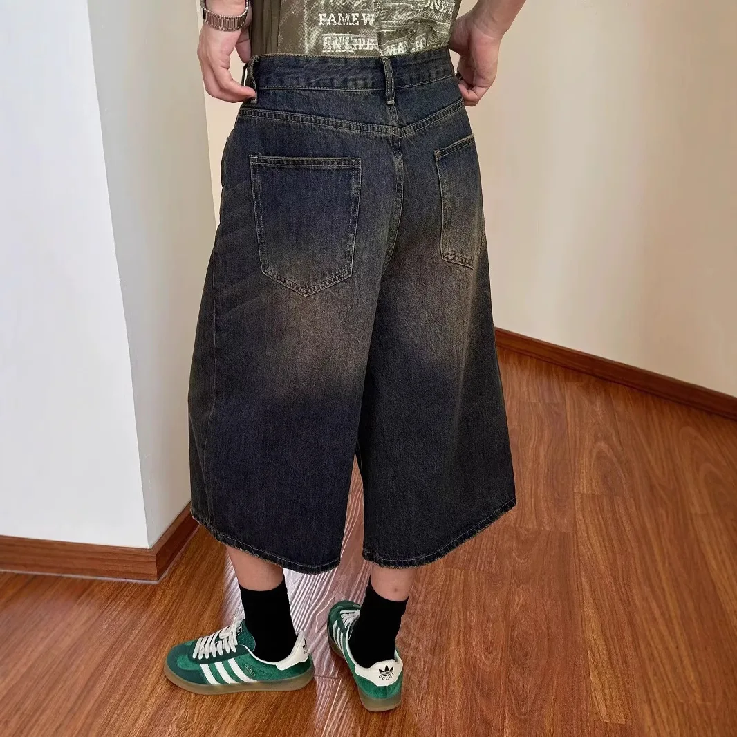 Celana Pendek Denim Potongan Longgar Musim Panas Pria Vintage Celana Lima Titik Dicuci Kaki Lebar Mode Y2k Celana Pendek Jeans Lurus
