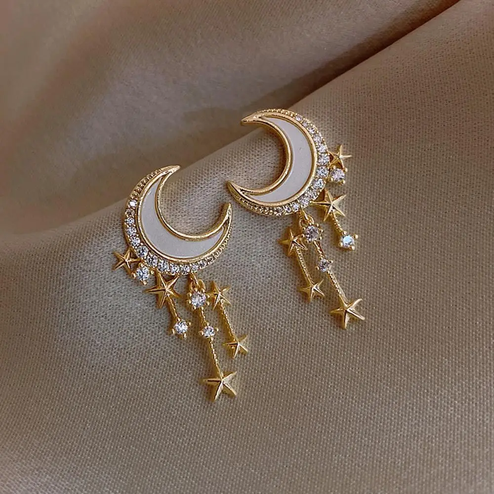 New Gold Color Sun Moon Star Stud Earring Retro Luxury Cubic Zirconia Drop Earrings Women Jewelry Gift