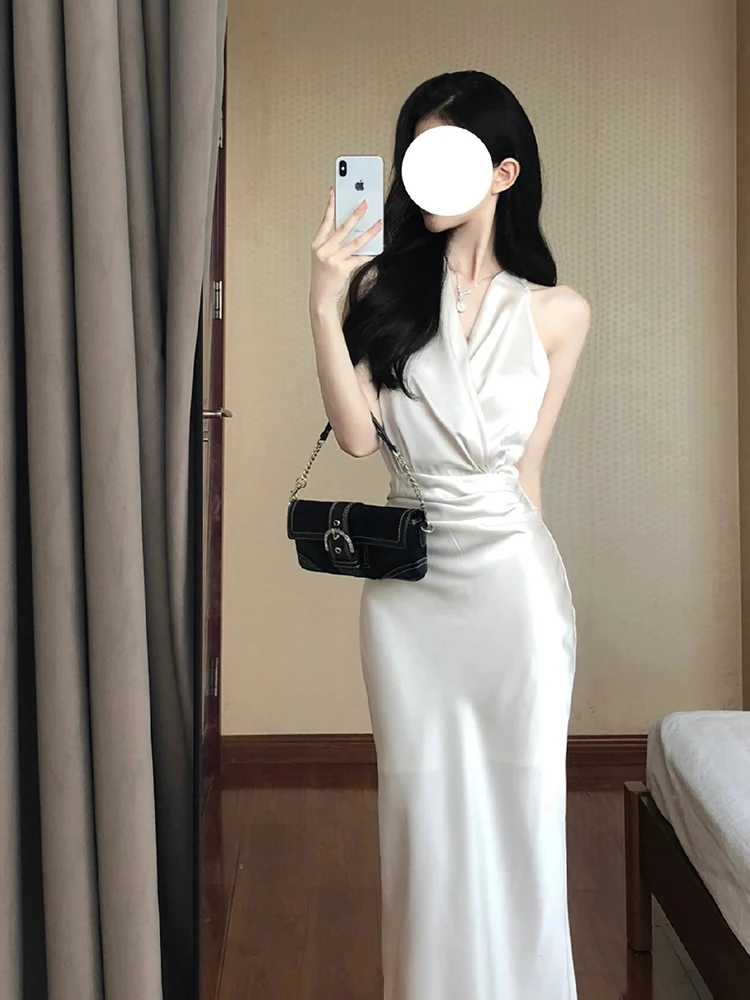 

Элегантное белое атласное платье с открытыми плечами, роскошное, модное, средней длины, для свадьбы, дня рождения, свиданий и повседневной носки