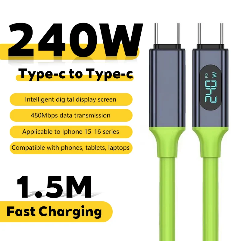 240W Type C to Type C Cable Phone Super Fast Charging Cable With LED Display USB To Type-C Data Cord For iPhone Xiaomi Samsung