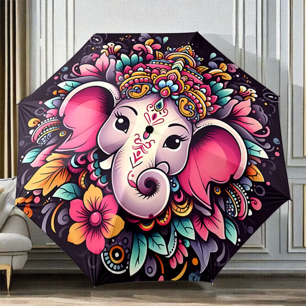 Colorful Mandala Elephant Head Umbrella Design with Floral Motif ,Portable Folding Umbrella, Gift for Family Friends