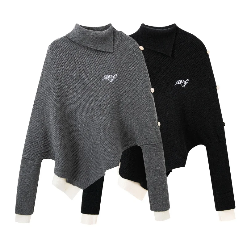 

Свитер-накидка с высоким воротником и асимметричным кроем, в корейском стиле, повседневный, но с ощущением роскоши.