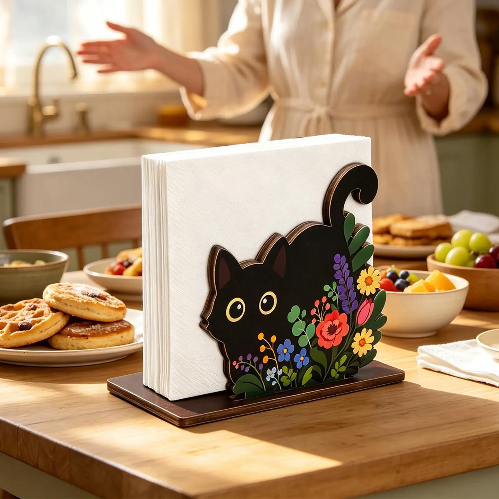 Christmas Napkin Holder Wooden Cute Cat Santa Hat Xmas Tree Tissue Stand Desktop Table Decor For Dining Party Home Decor