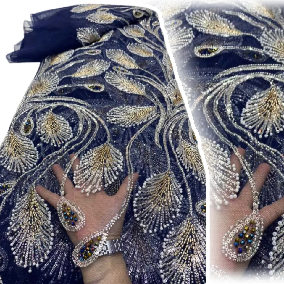 Blue Embroidery Nigeria Sequin Bead Tulle Lace Fabric 2026 High-Quality African Mesh Lace Party Dance Dress Sewing Material 045