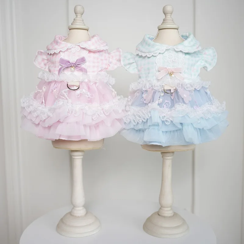 

Korean Pink Blue Puppy Dog Clothing Summer Thin Cotton Lace Dress For Small Medium Dog Poodle Chihuahua Pet Clothes Coat Skirts