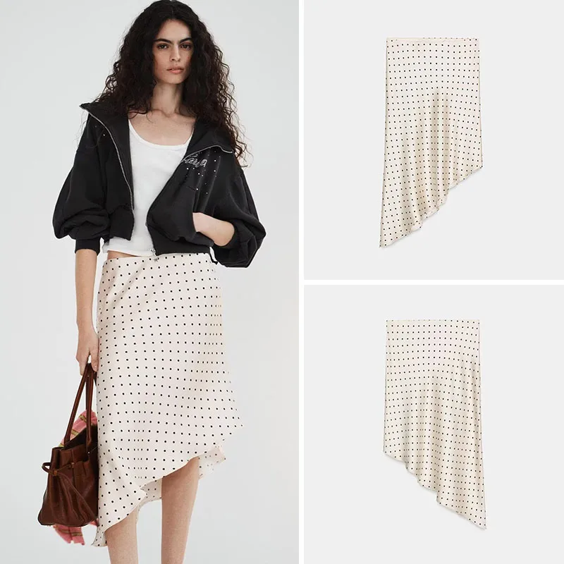 Elegant Polka Dot Asymmetrical Silk Satin Skirt Spring New Arrival Women's Fashion Gown Stage Performance Traditional Costume