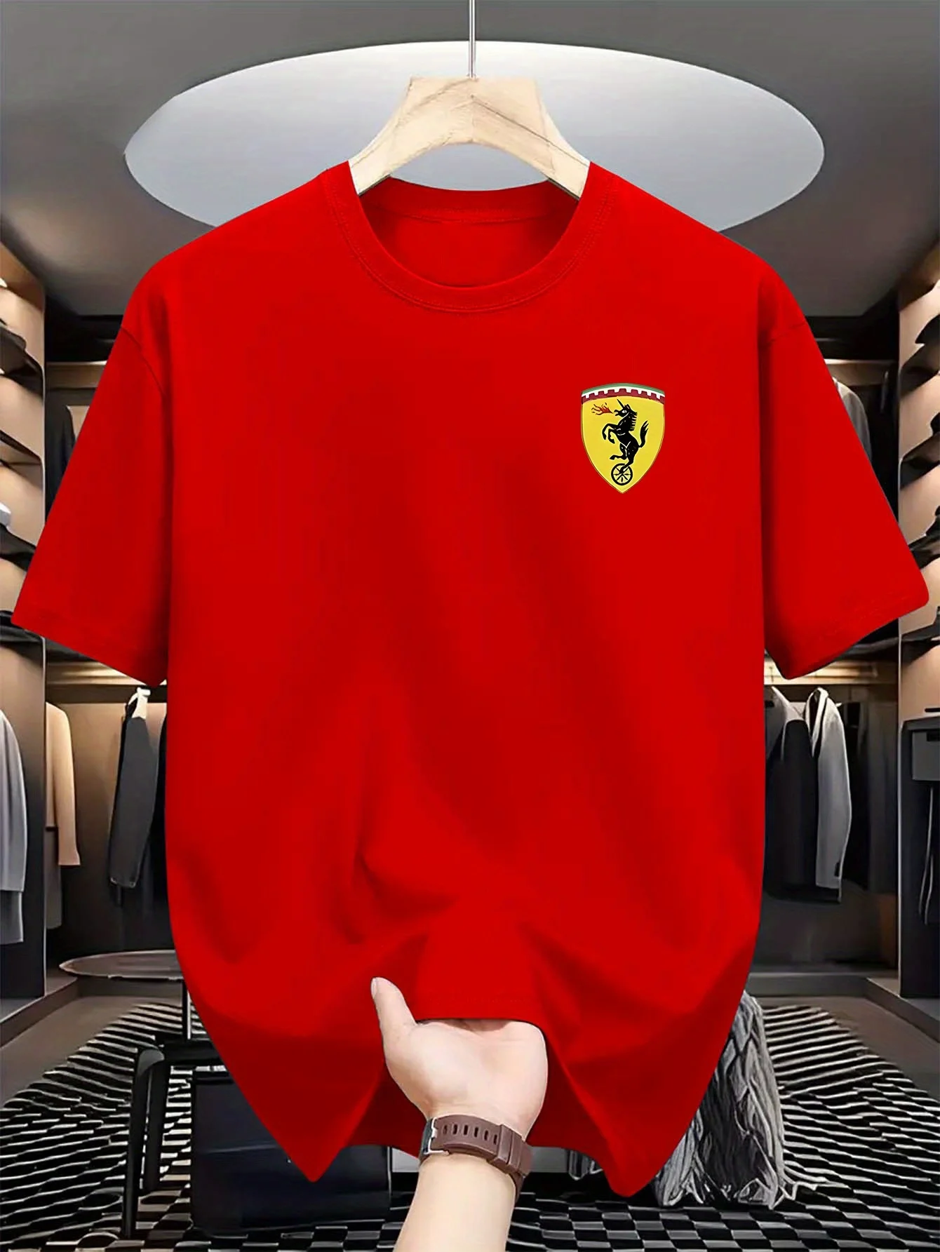 Men's summer 100% pure cotton casual fashionable loose car logo pattern casual round neck short sleeved T-shirt versatile top