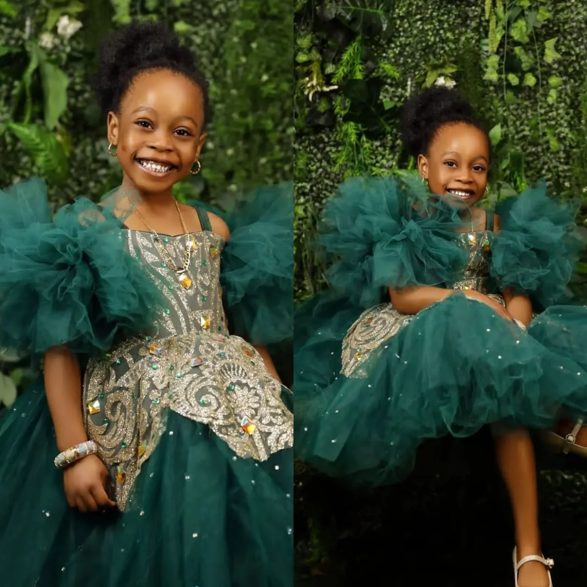 

Dark Green Kids Birthday Dresses Knee Length Flower Girl Dresses for Wedding Beading Baby Girls Prom for Photoshoot